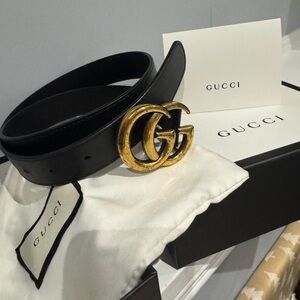 Gucci Black Leather Belt with Gold Double G Buckle